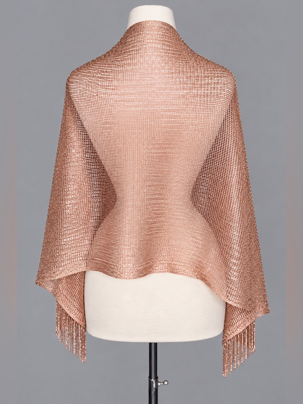 Rose Gold Metallic Shawl Wrap One Size Open Knit Fringe